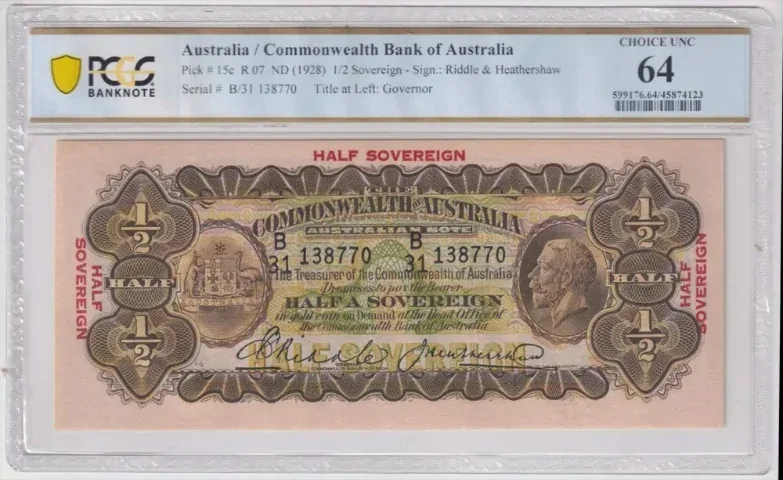 1928 Ten Shilling Riddle/Heathershaw R7 PCGS Choice UNC 64 product image