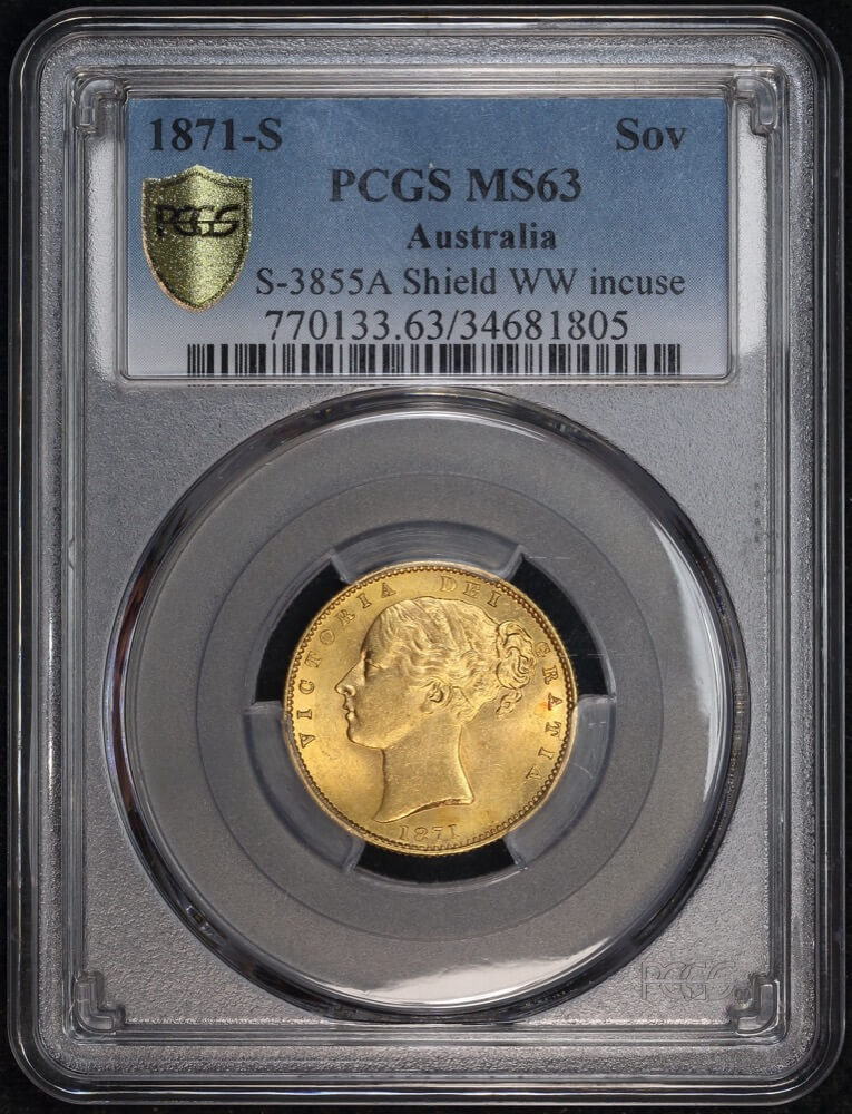 1871 Sydney Shield Sovereign WW Incuse Choice Unc (PCGS MS63) product image