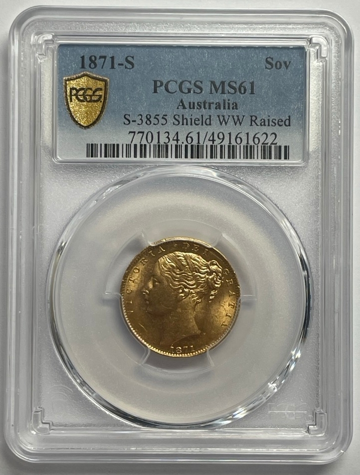 1871 Sydney Shield Sovereign WW Raised Unc (PCGS MS61) product image
