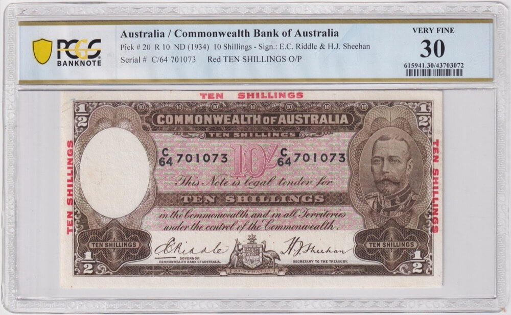 1934 Ten Shilling Riddle/Sheehan R10 PCGS VF30 product image