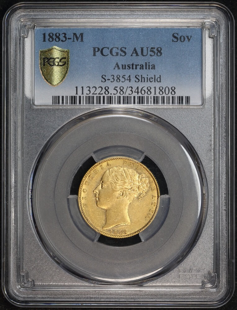 1883 Melbourne Shield Sovereign about Unc (PCGS AU58) product image