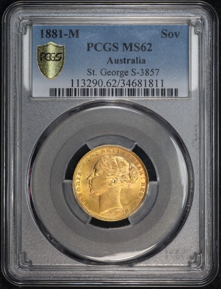 1881 Melbourne Young Head Sovereign Long Tail Small BP Unc (PCGS MS62) product image