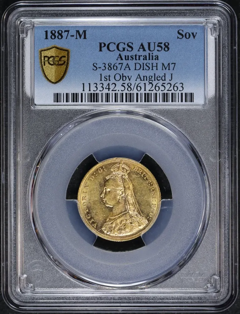 1887 Melbourne Jubilee Head Sovereign DISH M7 1st Obv Angled J PCGS AU58 product image