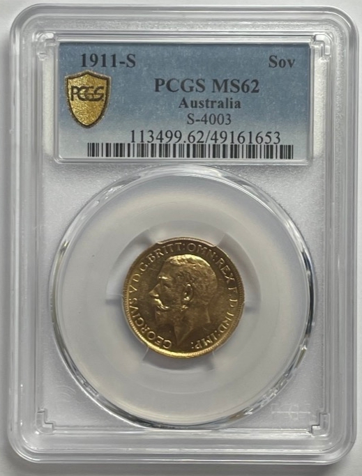 1911 Sydney George V Large Head Sovereign Unc (PCGS MS62) product image