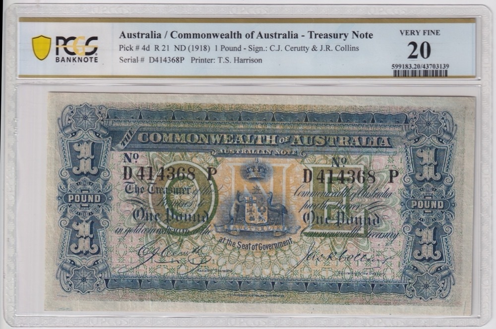 1918 One Pound Cerutty/Collins R21 PCGS VF20 product image