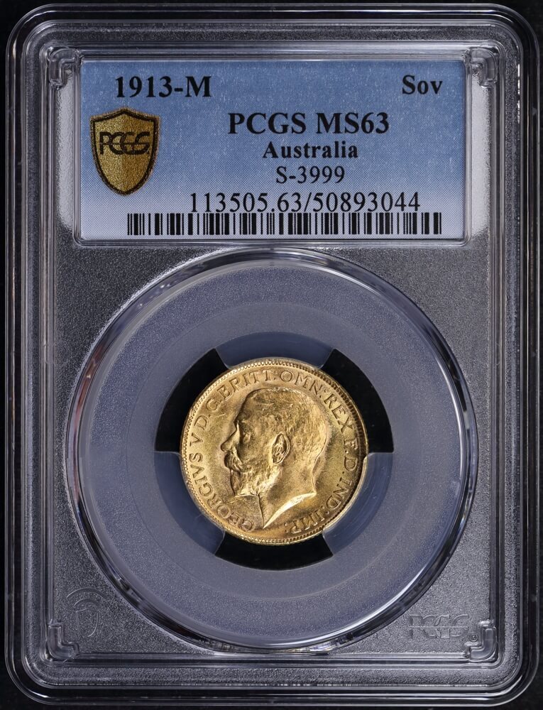 1913 Melbourne George V Large Head Sovereign Choice Unc (PCGS MS63) product image