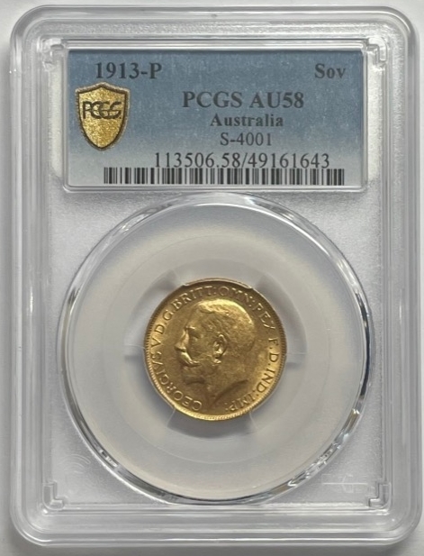 1913 Perth George V Large Head Sovereign PCGS AU58 product image