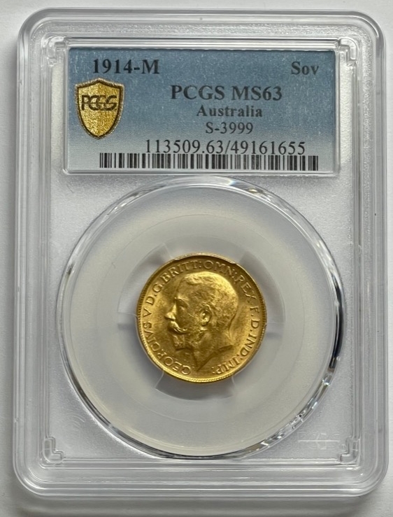 1914 Melbourne George V Large Head Sovereign Choice Unc (PCGS MS63) product image