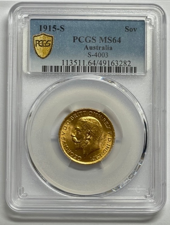 1915 Sydney George V Large Head Sovereign Choice Unc (PCGS MS64) product image