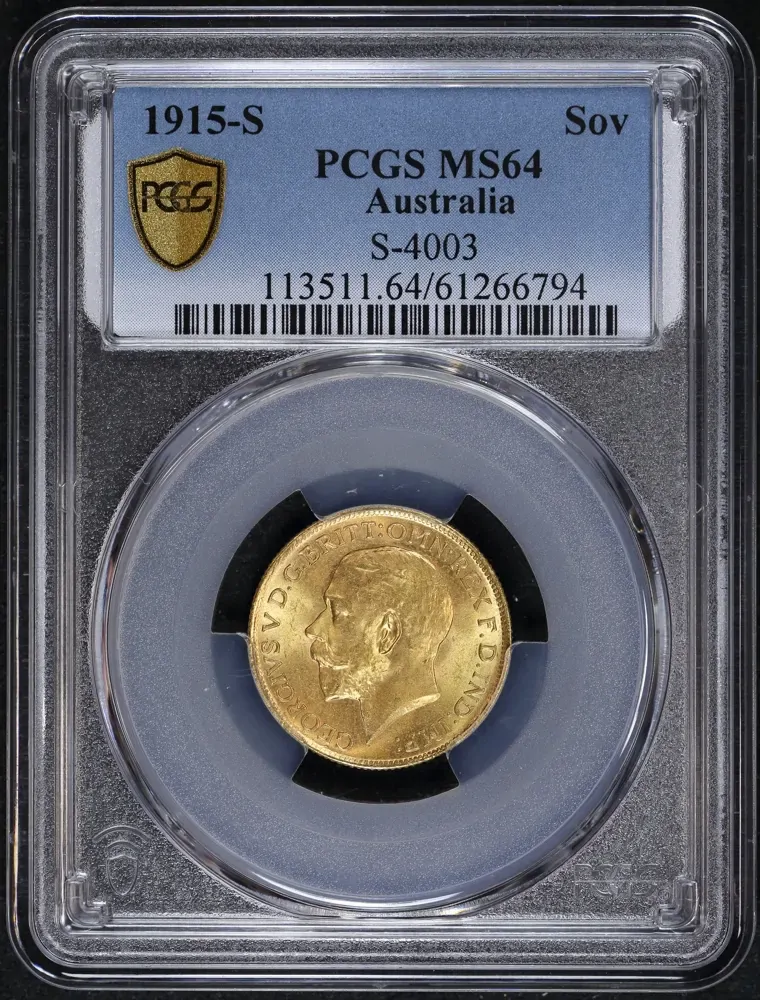 1915 Sydney George V Large Head Sovereign Choice Unc (PCGS MS64) product image