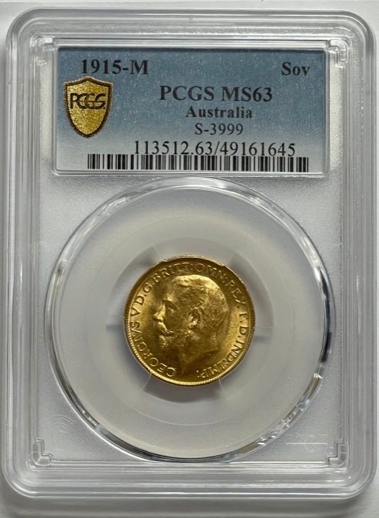 1915 Melbourne George V Large Head Sovereign Choice Unc (PCGS MS63) product image