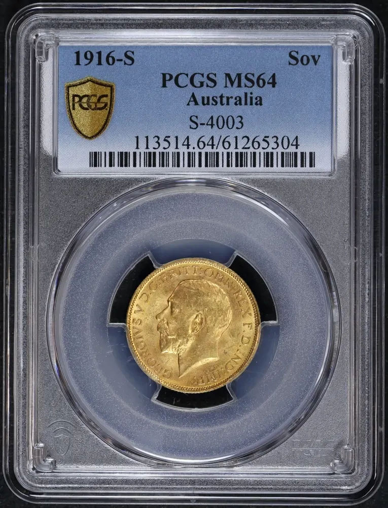 1916 Sydney George V Large Head Sovereign Choice Unc (PCGS MS64) product image