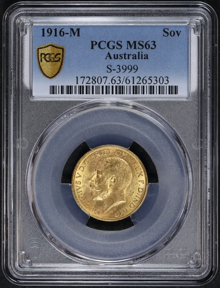 1916 Melbourne George V Large Head Sovereign Choice Unc (PCGS MS63) product image