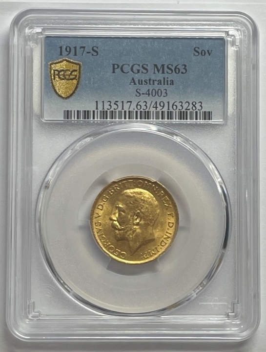 1917 Sydney George V Large Head Sovereign Choice Unc (PCGS MS63) product image