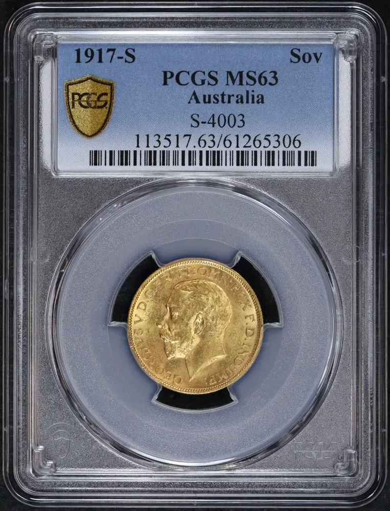 1917 Sydney George V Large Head Sovereign Choice Unc (PCGS MS63) product image