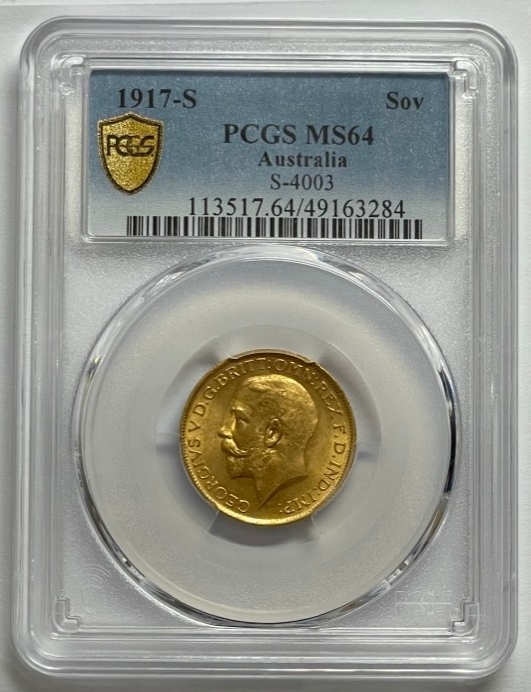 1917 Sydney George V Large Head Sovereign Choice Unc (PCGS MS64) product image