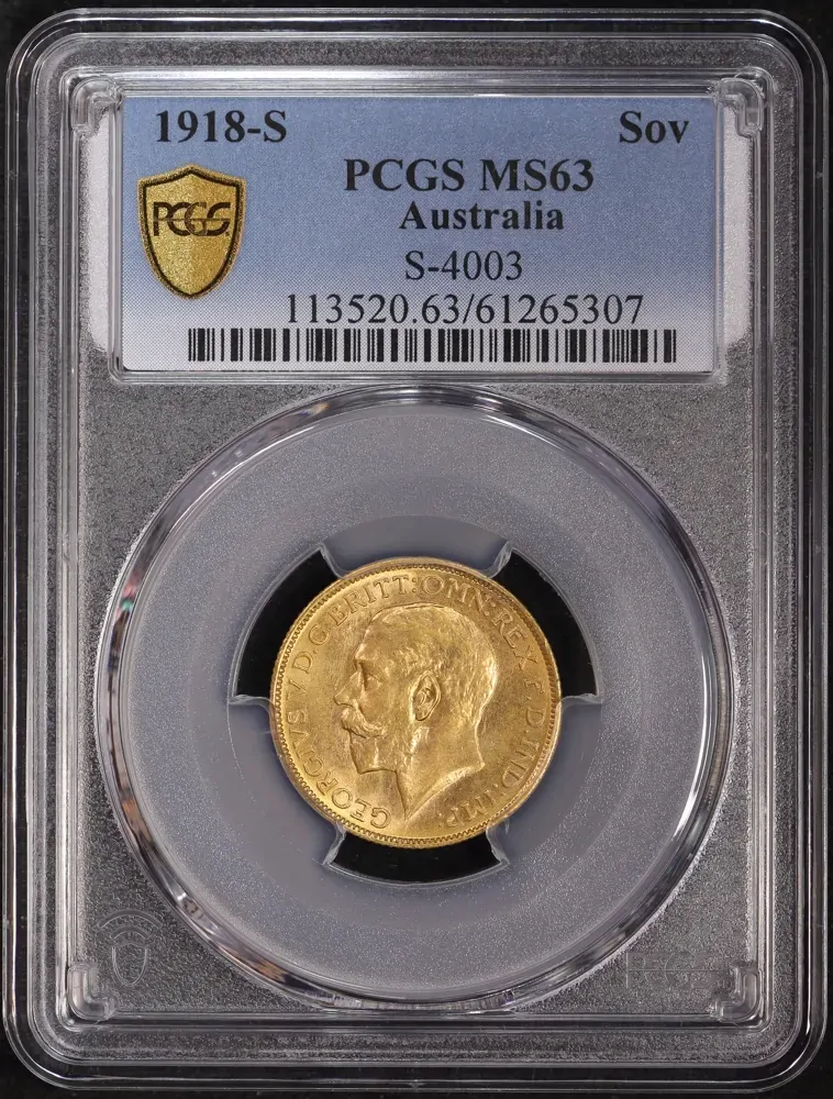 1918 Sydney George V Large Head Sovereign Choice Unc (PCGS MS63) product image