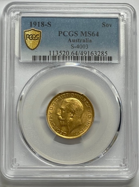 1918 Sydney George V Large Head Sovereign Choice Unc (PCGS MS64) product image