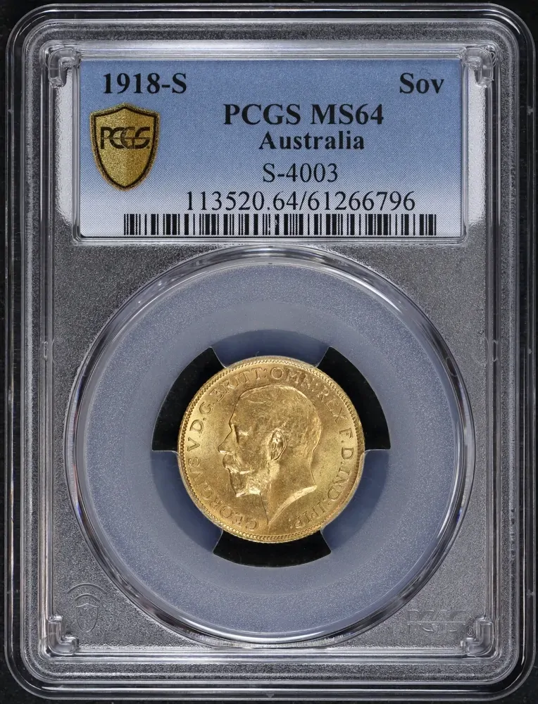 1918 Sydney George V Large Head Sovereign Choice Unc (PCGS MS64) product image