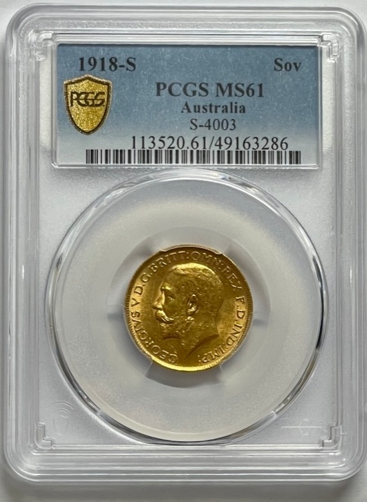 1918 Sydney George V Large Head Sovereign Unc (PCGS MS61) product image