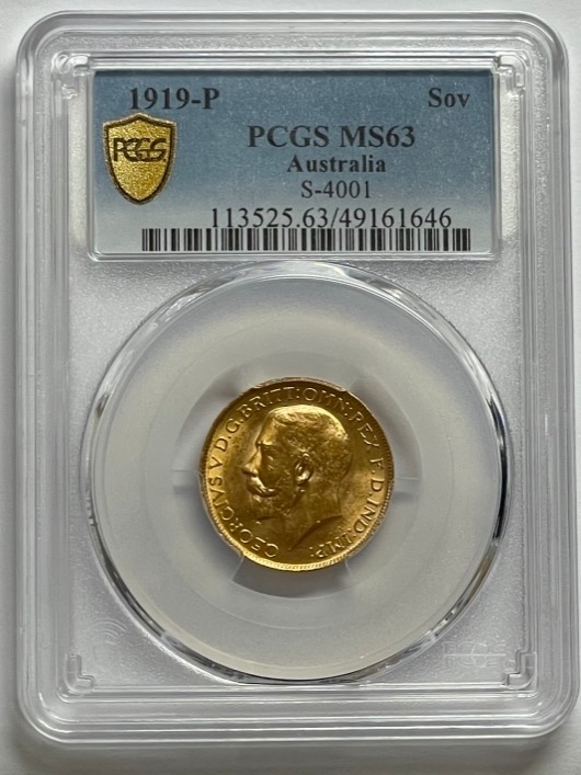 1919 Perth George V Large Head Sovereign Choice Unc (PCGS MS63) product image
