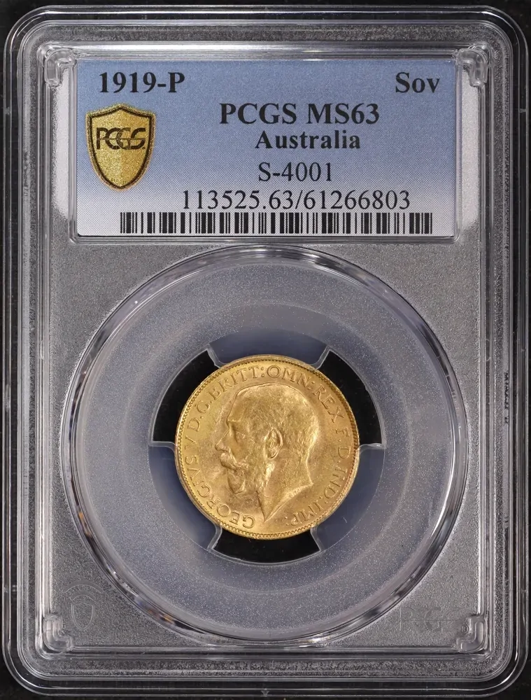 1919 Perth George V Large Head Sovereign Choice Unc (PCGS MS63) product image