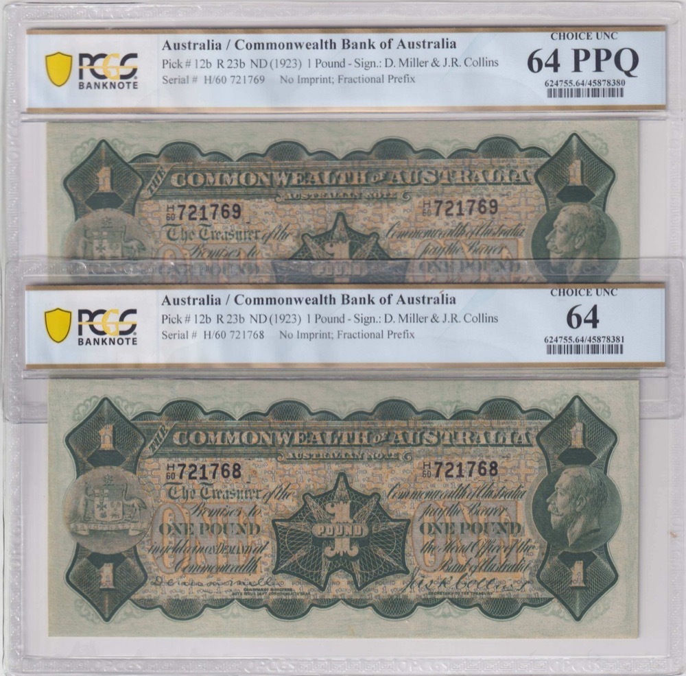 1923 One Pound Consecutive Pair Miller/Collins R23B PCGS Choice UNC 64 PPQ product image