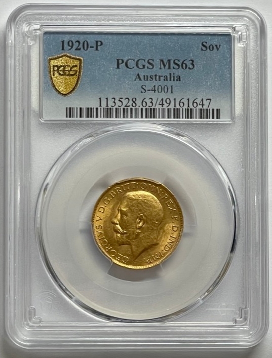1920 Perth George V Large Head Sovereign Choice Unc (PCGS MS63) product image