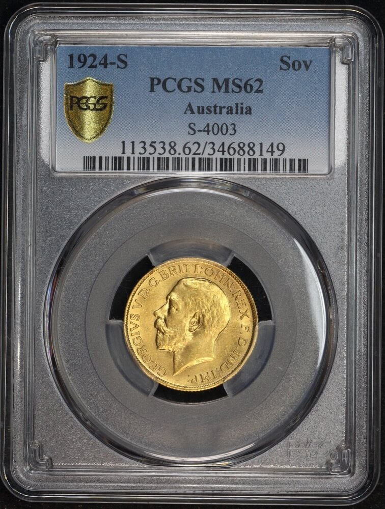 1924 Sydney George V Large Head Sovereign Unc (PCGS MS62) product image