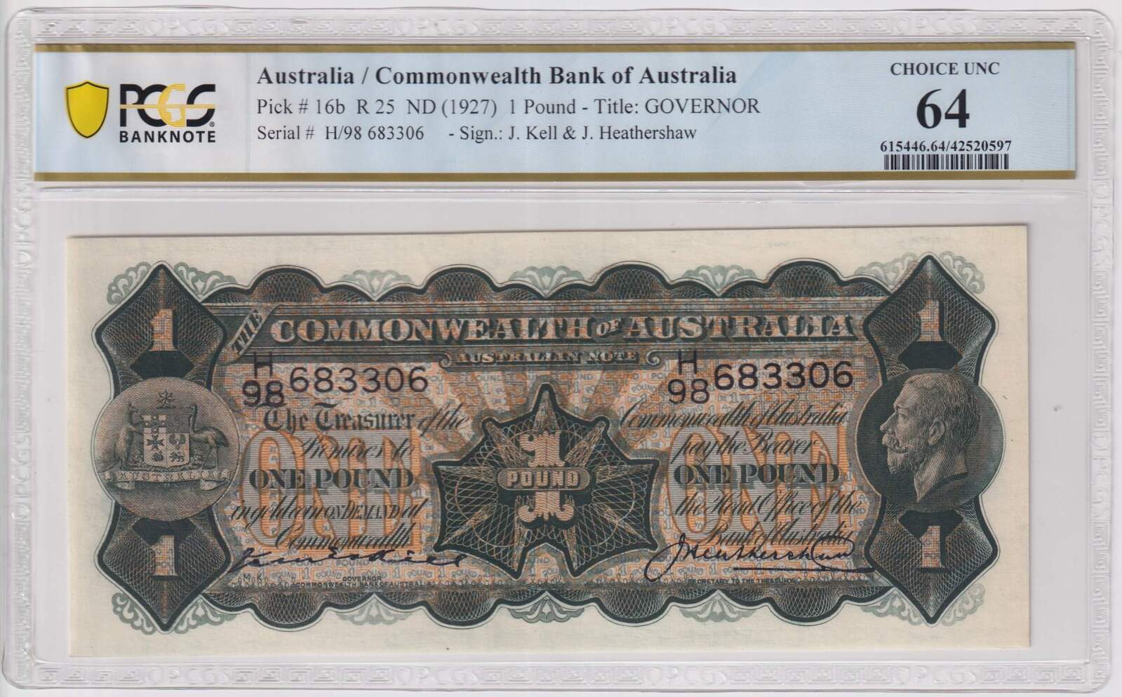 1927 One Pound Kell/Heathershaw R25 PCGS Choice Unc 64 product image