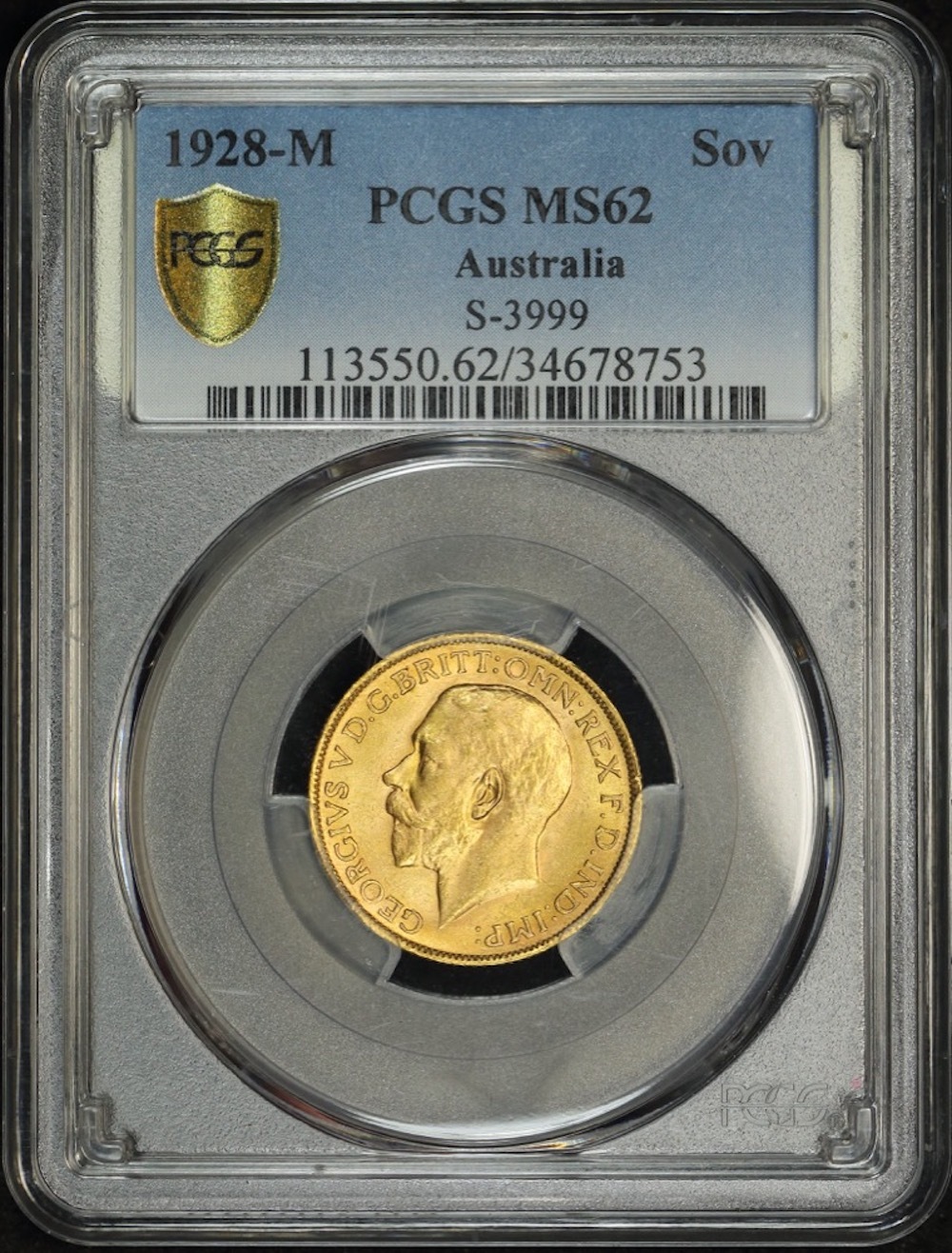 1928 Melbourne George V Large Head Sovereign Unc (PCGS MS62) product image