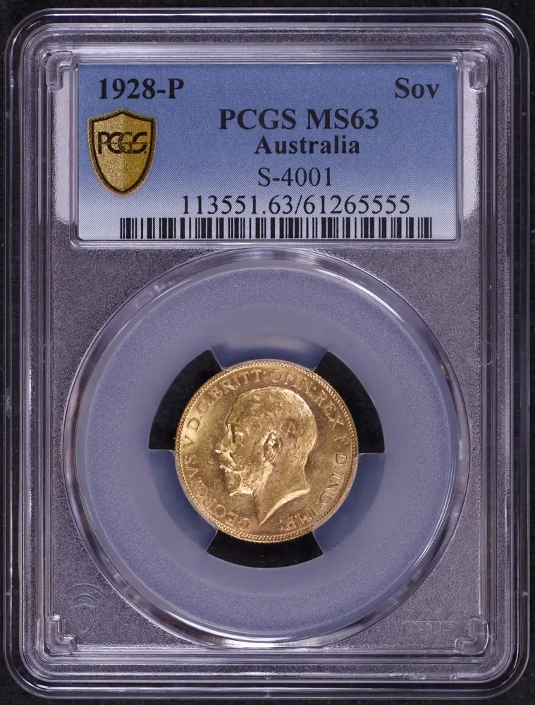 1928 Perth George V Large Head Sovereign Choice Unc (PCGS MS63) product image