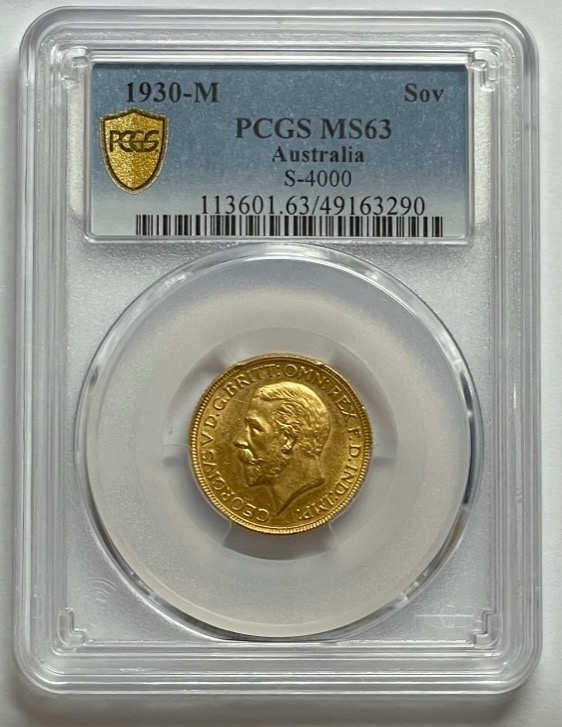 1930 Melbourne George V Small Head Sovereign Choice Unc (PCGS MS63) product image
