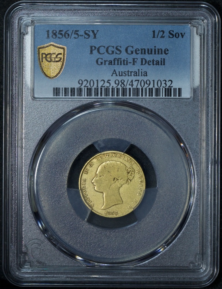 1856/5 Overdate Sydney Mint Type I Half Sovereign PCGS Genuine F Details product image