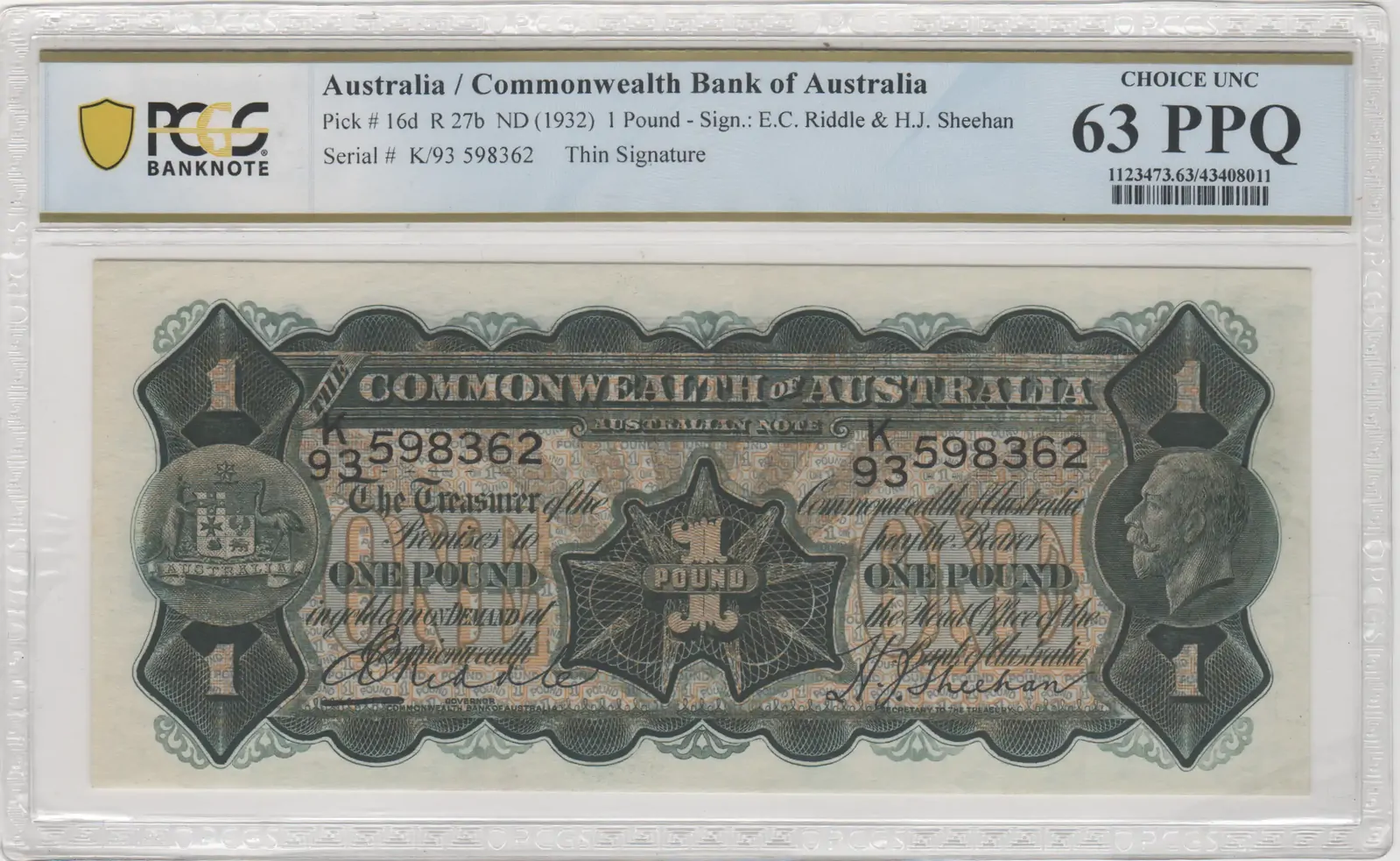 1932 One Pound Riddle/Sheehan R27B Choice Unc PCGS 63PPQ product image