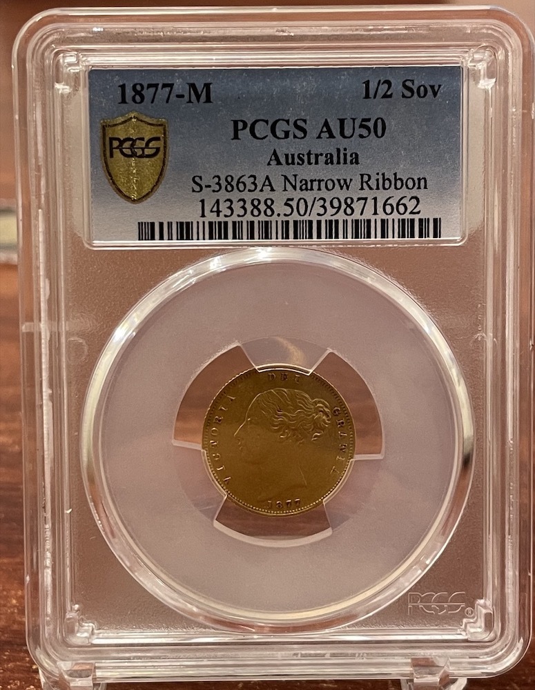 1877 Melbourne Young Head Half Sovereign PCGS AU50 product image