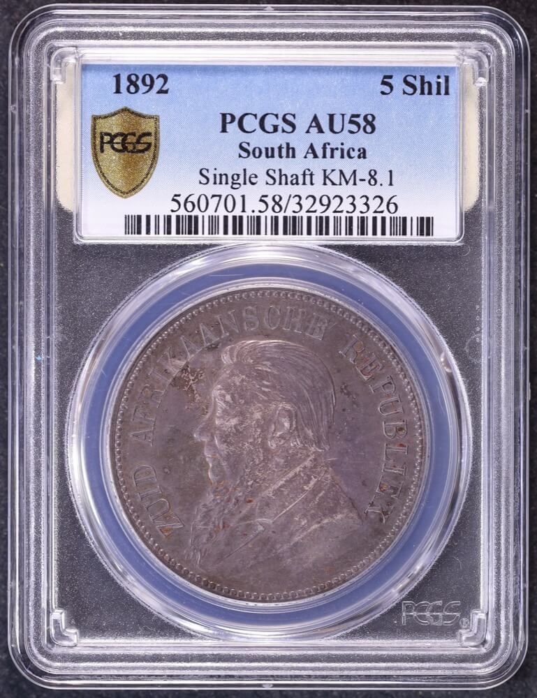 South Africa 1892 Silver 5 Shillings KM#8.1 Single Shaft PCGS AU58 product image