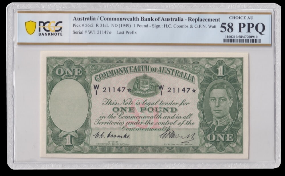 1949 One Pound Star Note Coombs/Watt R31sL PCGS AU58 ex Deutsher product image