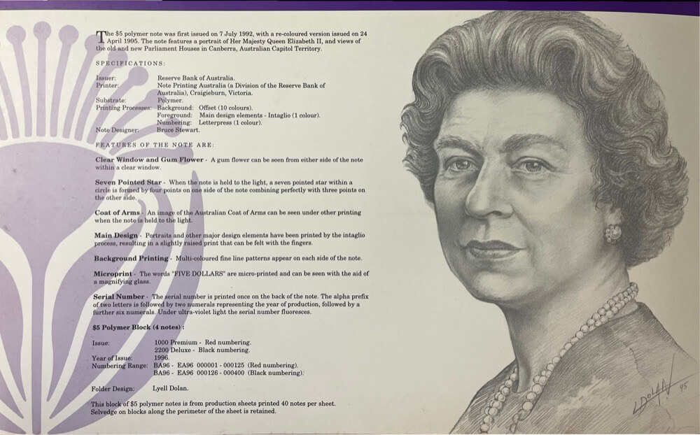 1996 Uncut Block of Four Five Dollar Notes Premium Red Serials product image