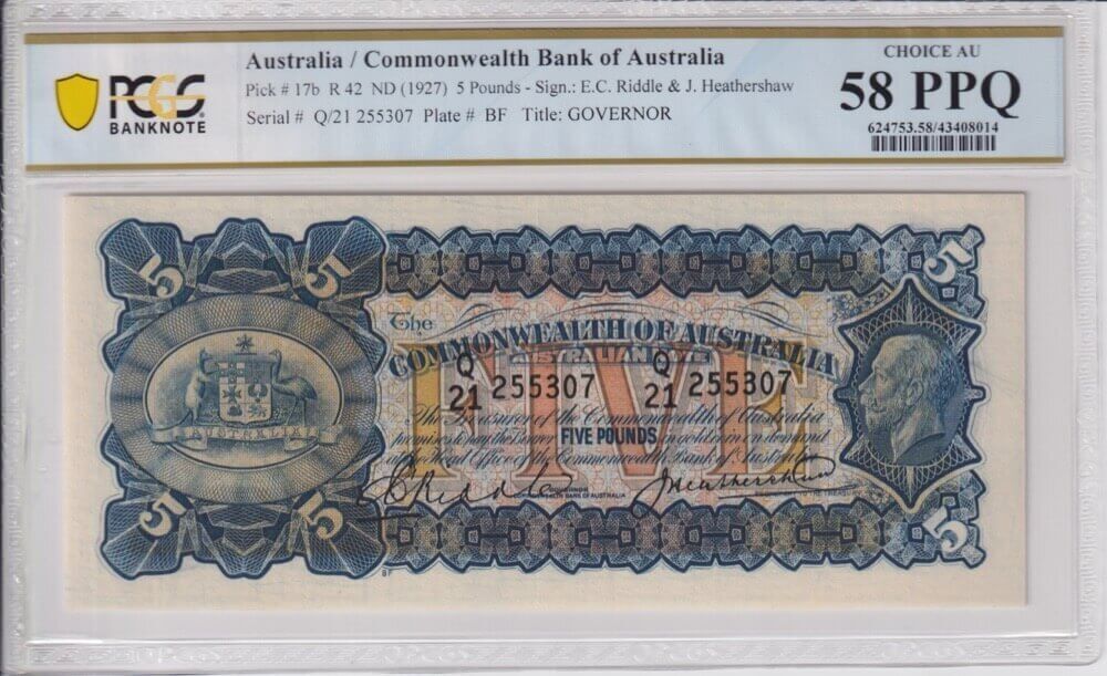 1928 Five Pound Riddle/Heathershaw R42 about Unc PCGS 58 PPQ product image