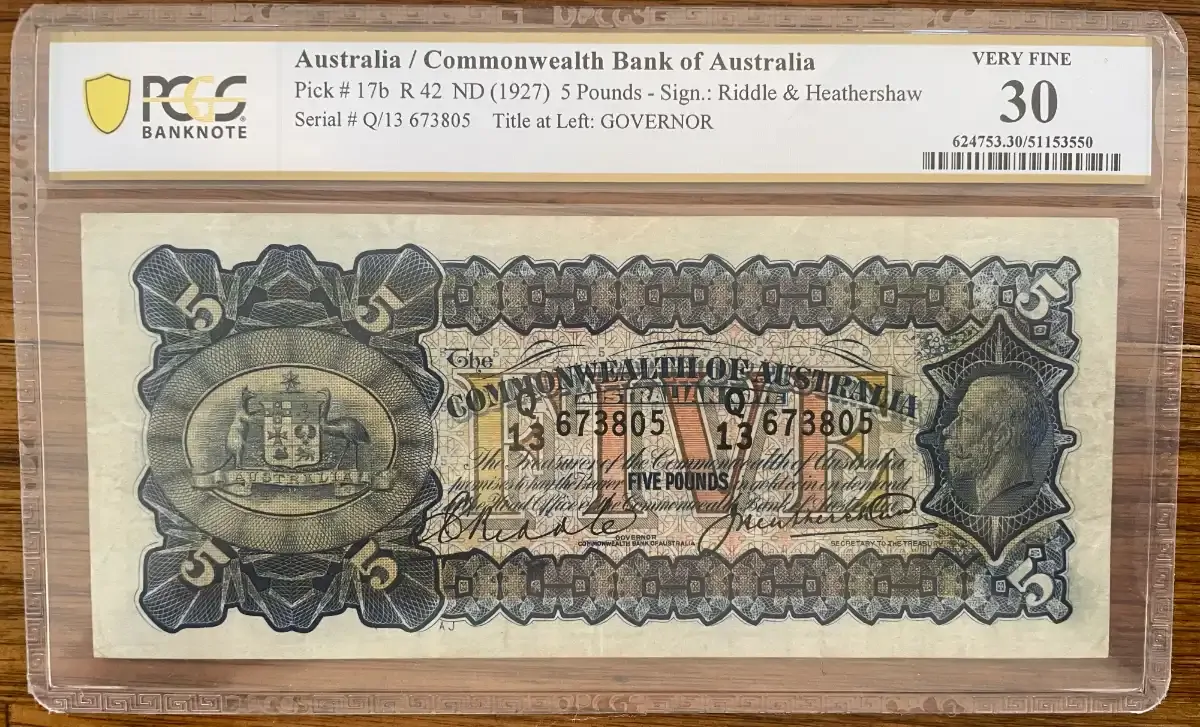 1928 Five Pound Riddle/Heathershaw R42 PCGS VF30 product image