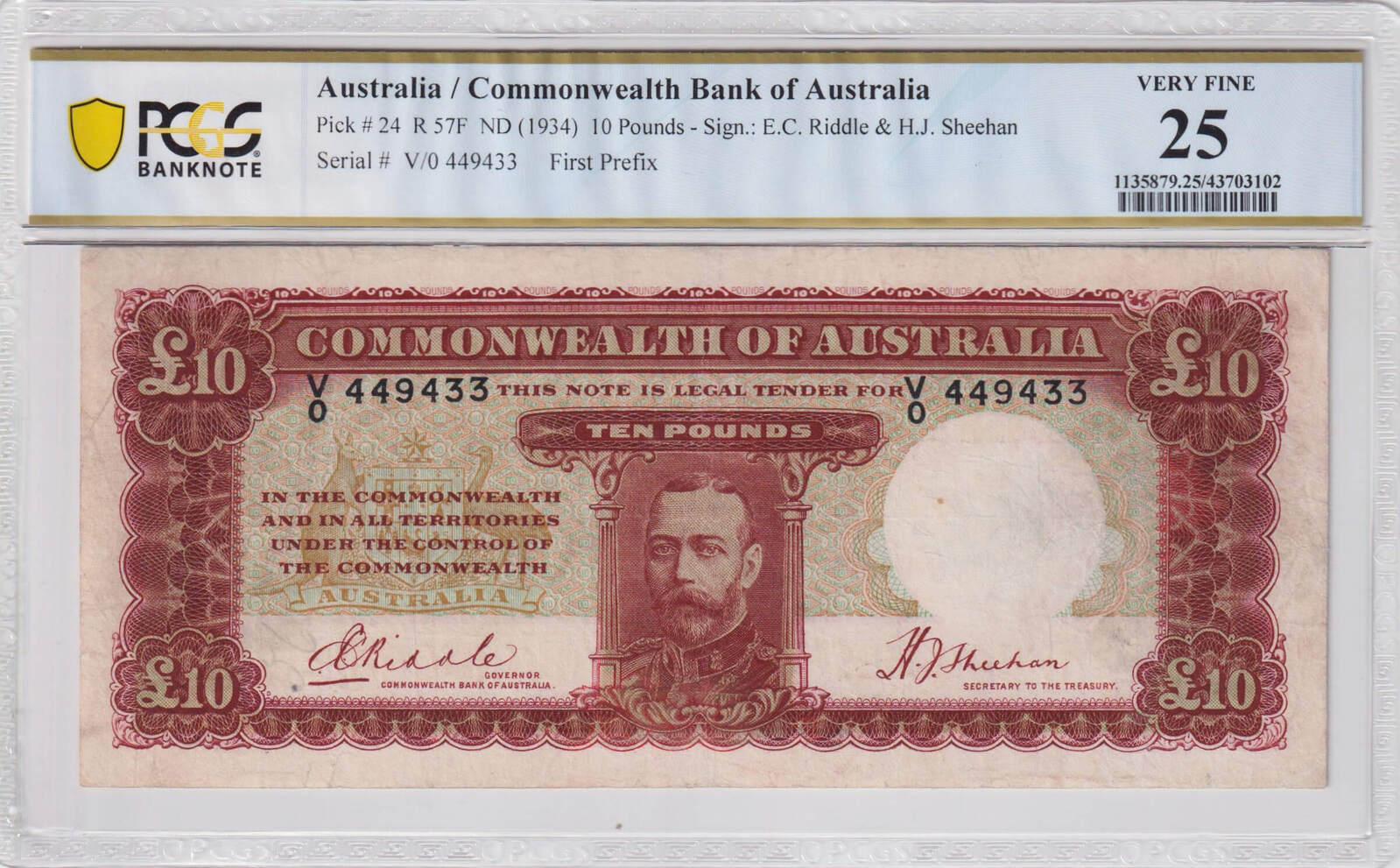 1934 Ten Pound Riddle/Sheehan R57F PCGS VF25 product image