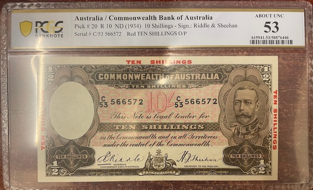 1934 Ten Shilling Riddle/Sheehan R10 PCGS about Unc AU53 product image