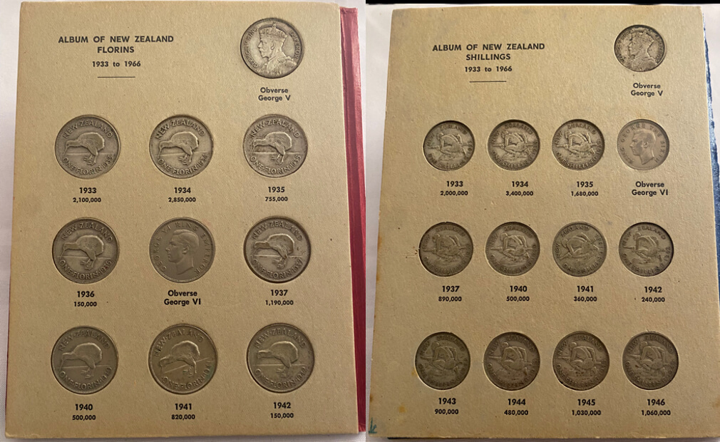 New Zealand 1933 - 1967 Complete Date Set of Pre-Decimal Coins (1/2d to 5/-) ex Waitangi Crown in Press-In Albums product image