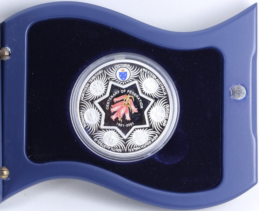 2001 Silver One Ounce Proof Coin Holey Dollar Federation Flowers - Tasmanian Blue Gum product image