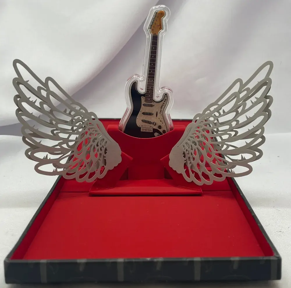 Solomon Islands 2024 Silver 1 Ounce Guitar Shaped Coin Fender Player Stratocaster product image