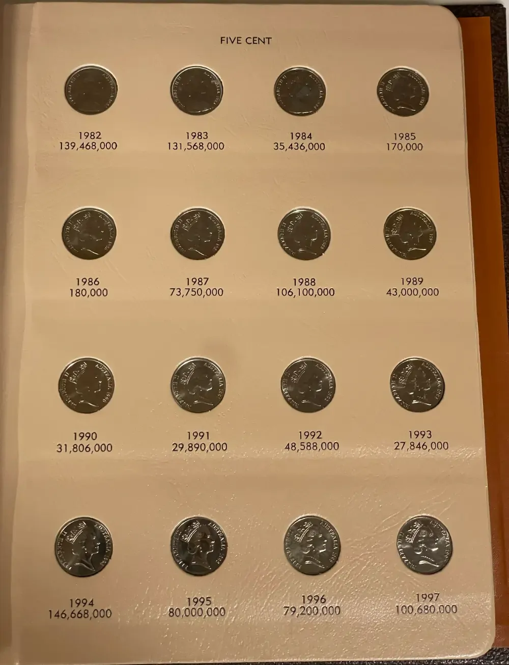 Complete Date Set of Australian 5 cent 1966 to 2009 Uncirculated in Dansco Supreme Album product image