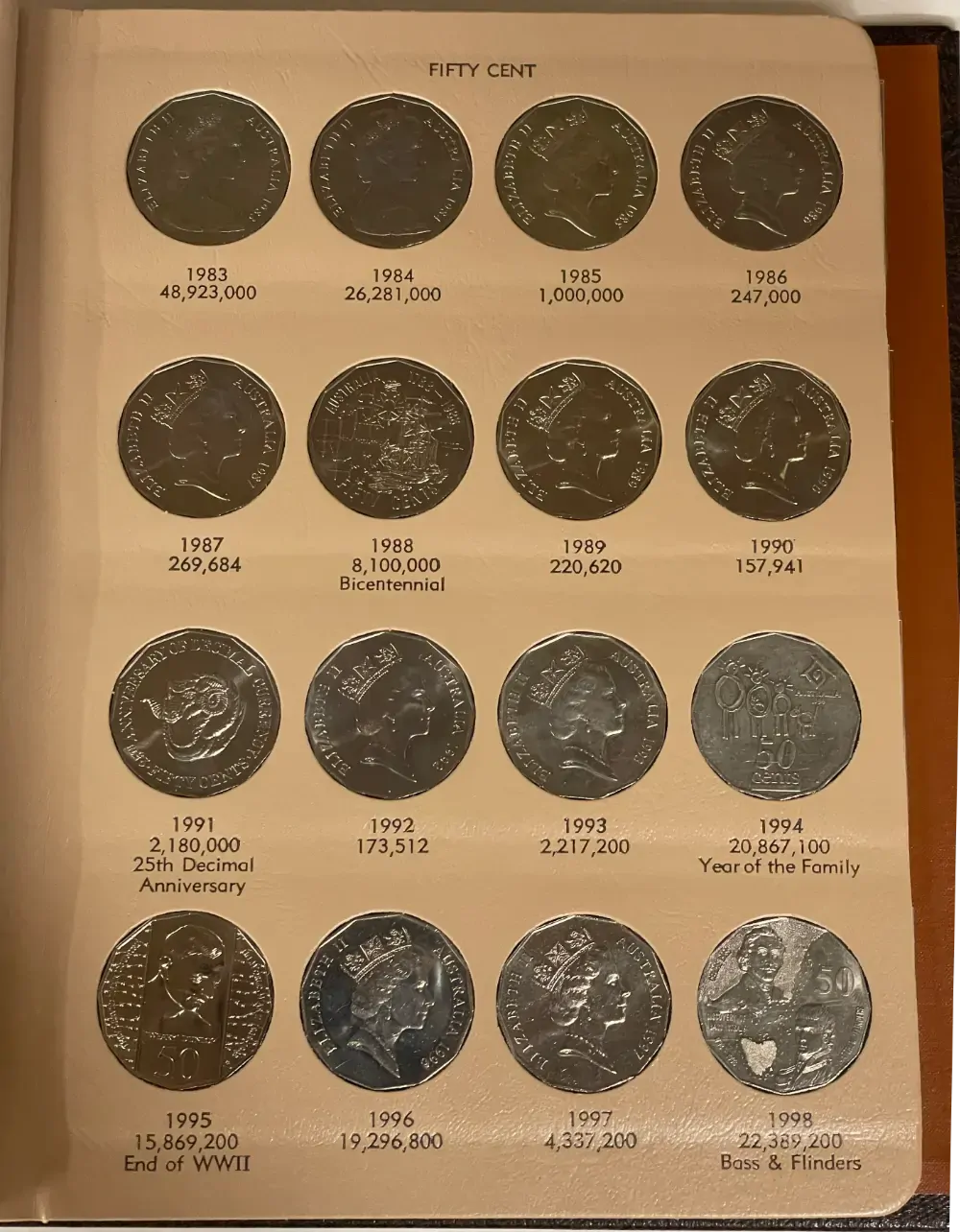 Complete Date Set of Australian 50 Cent 1966 to 2008 Uncirculated in Dansco Supreme Album product image