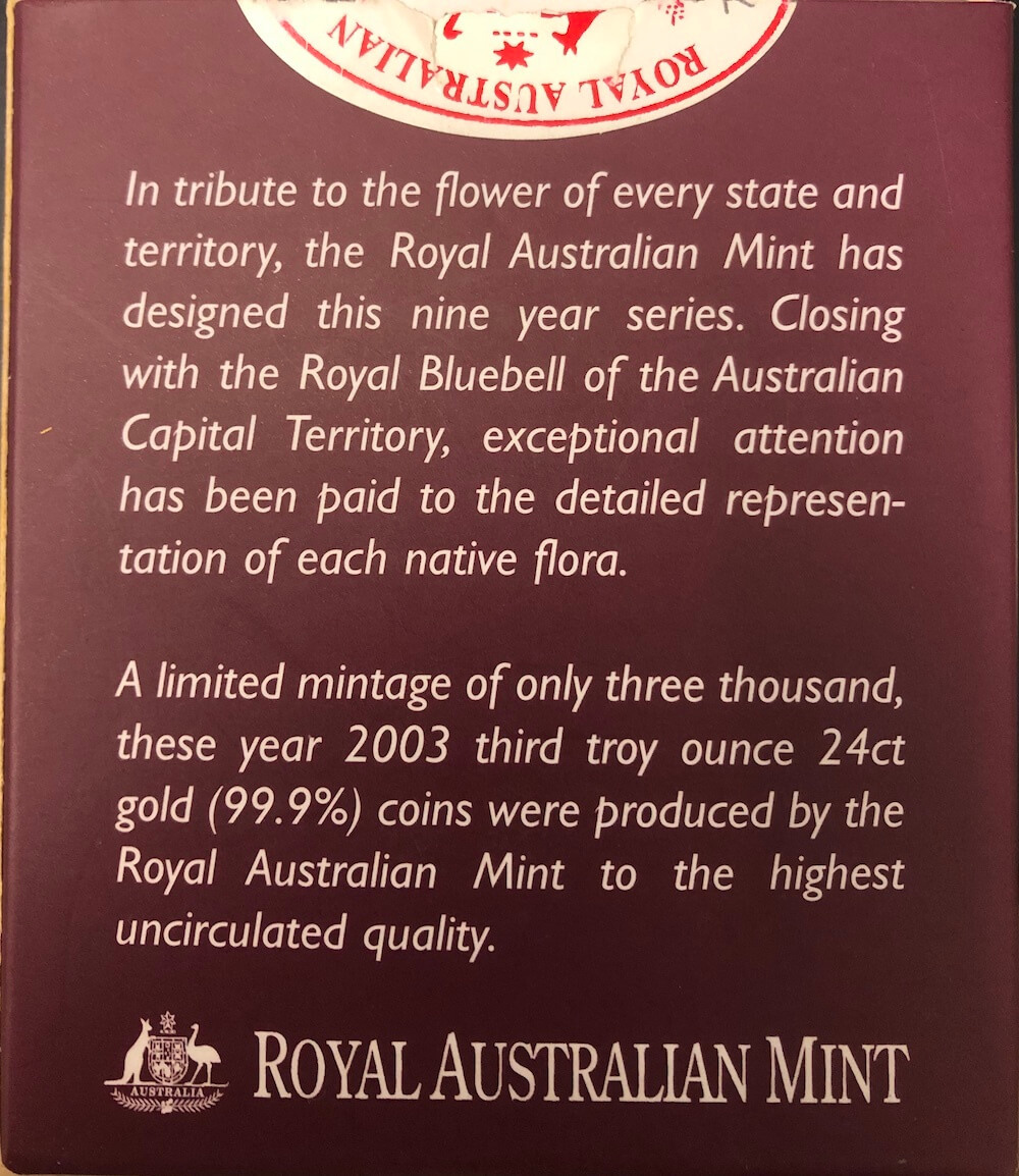 2003 100 Dollar Unc Gold Coin Floral Emblems - Royal Blue Bell product image