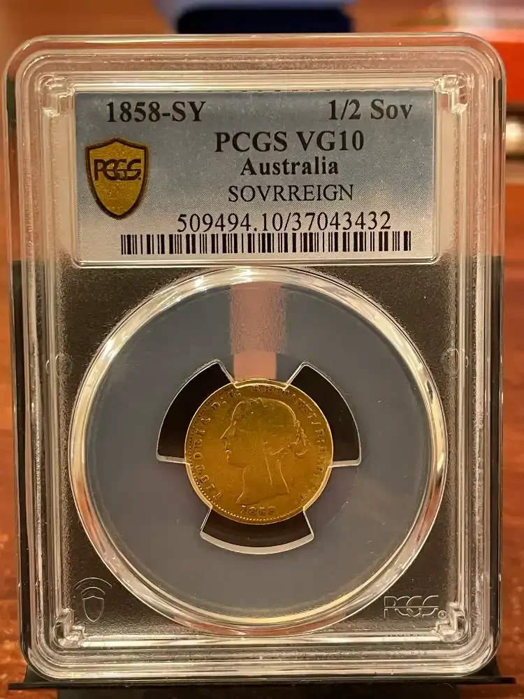 1858 Sydney Type II Half Sovereign SOVRREIGN Legend Error PCGS VG10 product image